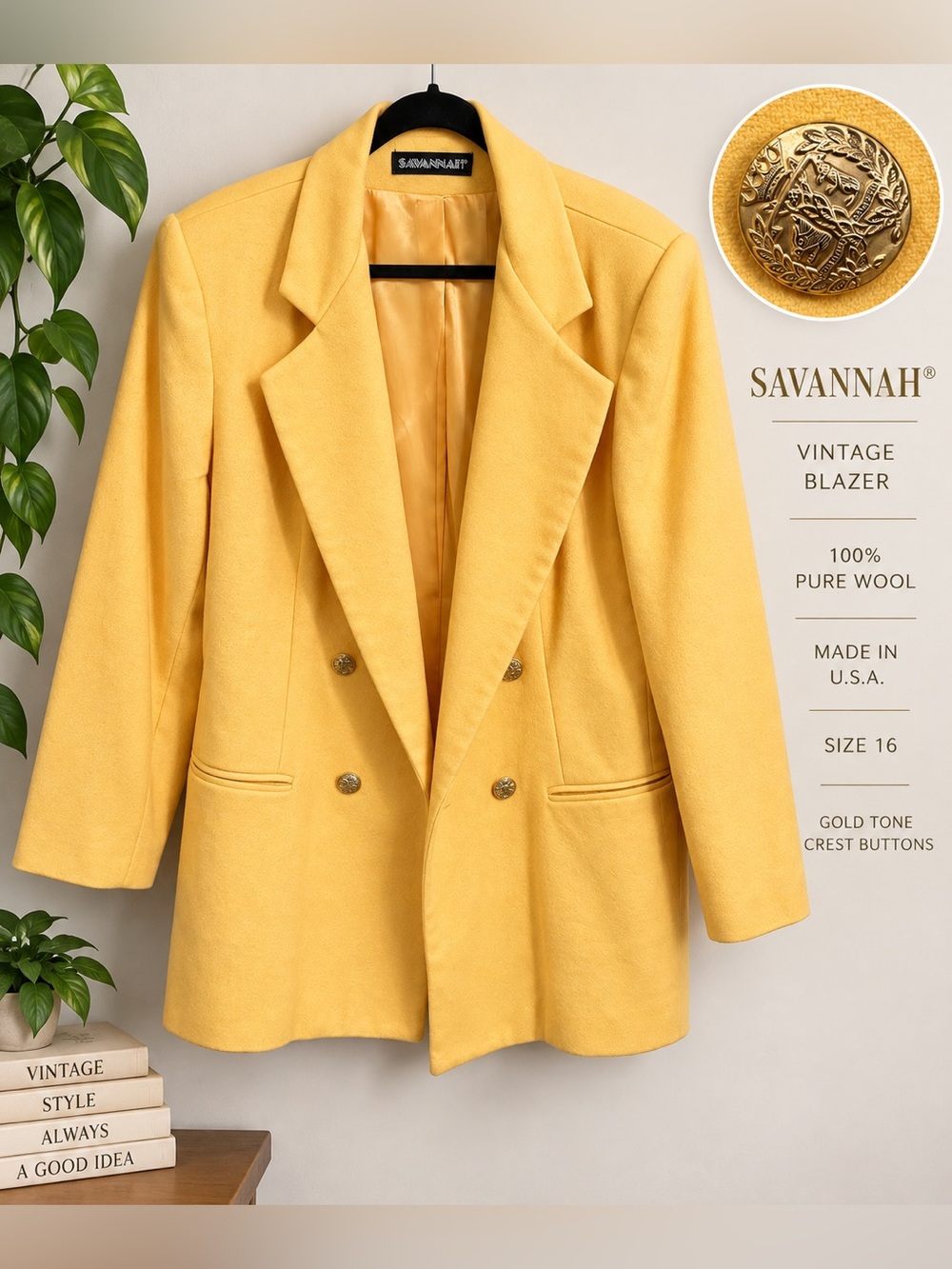 Vintage Savannah 100% Wool Yellow Blazer Gold Crest Buttons Size 16 USA